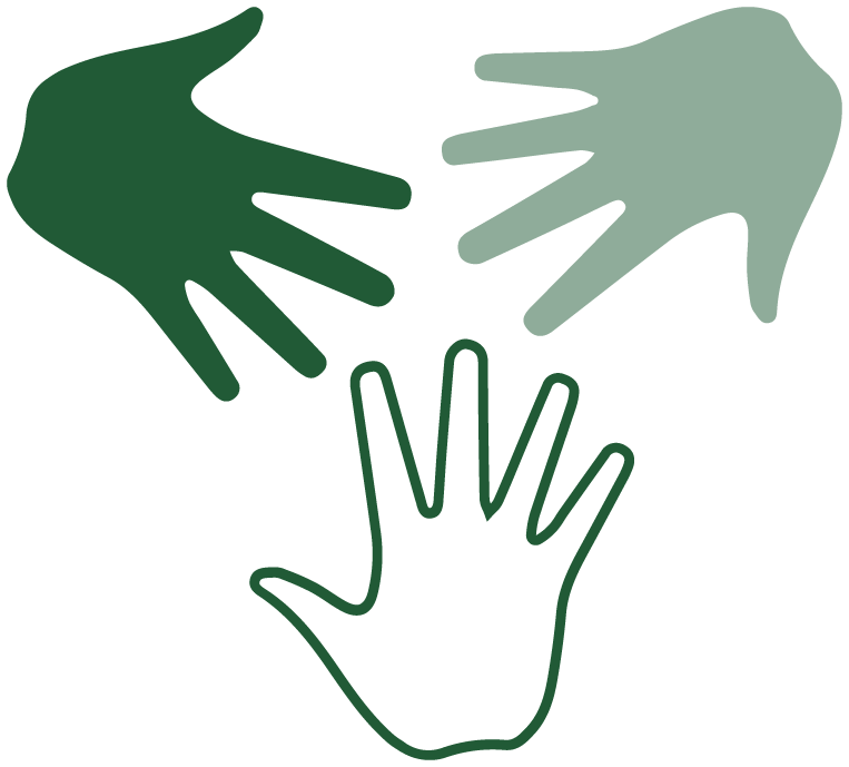Em verde, pictograma da acessibilidade atitudinal: três mãos abertas, com as palmas para cima estão próximas pelas pontas dos dedos.