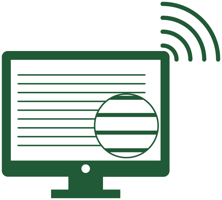 Em verde, pictograma da acessibilidade web e digital: uma tela de computador acesa. No canto inferior direito da tela está um círculo com as linhas ampliadas. No canto superior direito aparece o símbolo do wifi.