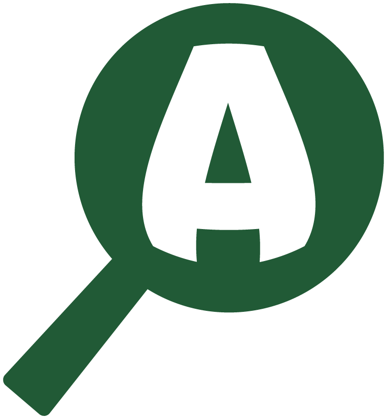 Em verde, pictograma da acessibilidade instrumental: Letra A ampliada por uma lupa. 