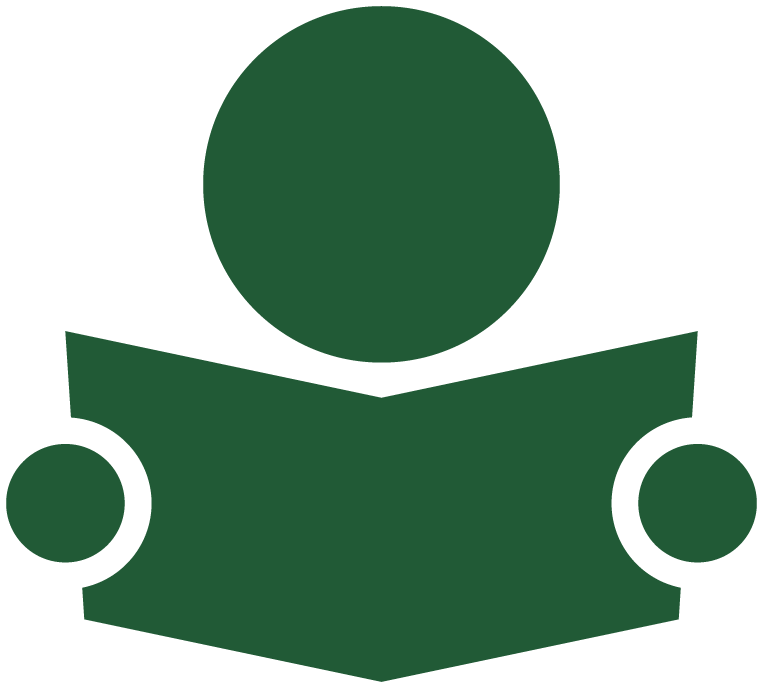 Em verde, pictograma da acessibilidade metodológica e curricular. Um pictograma de figura humana com um livro aberto nas mãos.