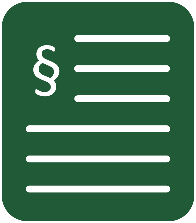 Em verde, pictograma da acessibilidade programática: Desenho da folha de papel com linhas horizontais. No canto superior esquerdo dela,  o símbolo de parágrafo jurídico.