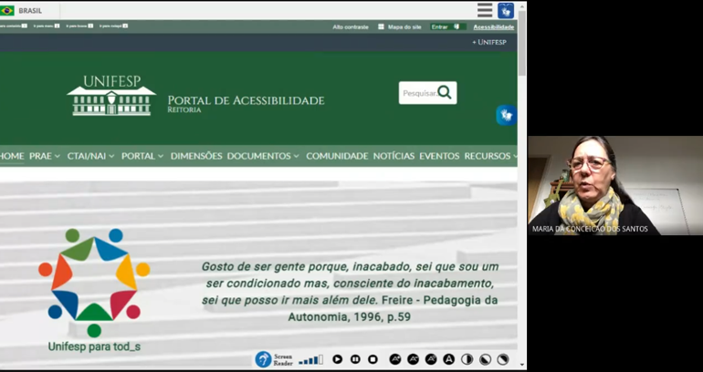 Print da tela do Google Meet com a imagem do site do Portal de Acessibilidade e ao lado direito a foto da Professora Doutora Maria Conceição dos Santos