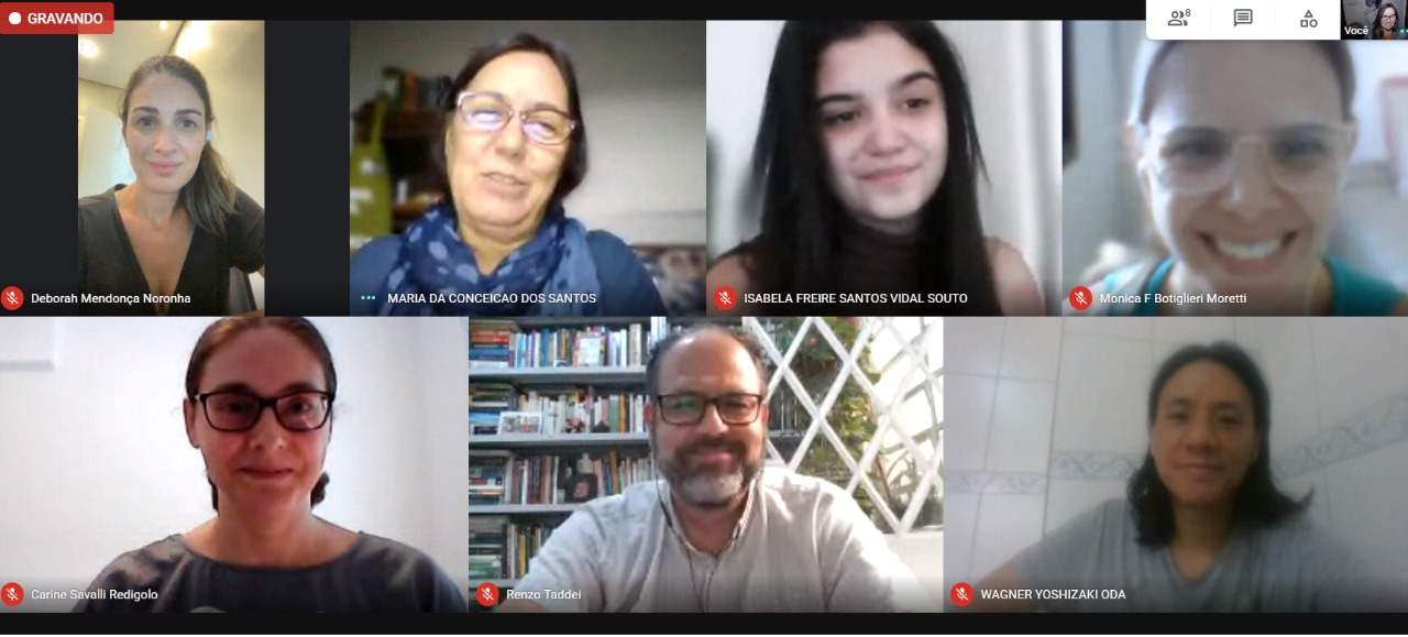 tela de captura do Meeting com 7 participantes: Deborah, Maria, Isabela, Monica, Carine, Renzo e Wagner